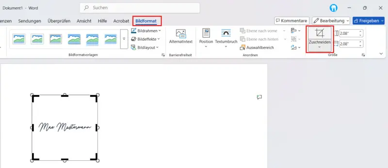 Word-Reiter Bildformat mit eingefügter Unterschrift und markiertem Zuschneiden-Button