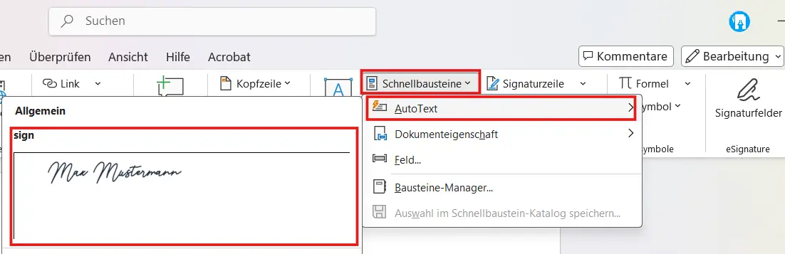 Word-Menü Schnellbausteine mit AutoText und Vorschau der gespeicherten Unterschrift im Untermenü