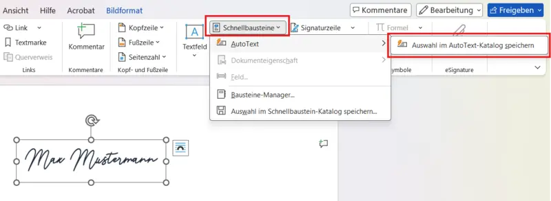 Word-Menü Schnellbausteine mit AutoText und markierter Option Auswahl im AutoText-Katalog speichern