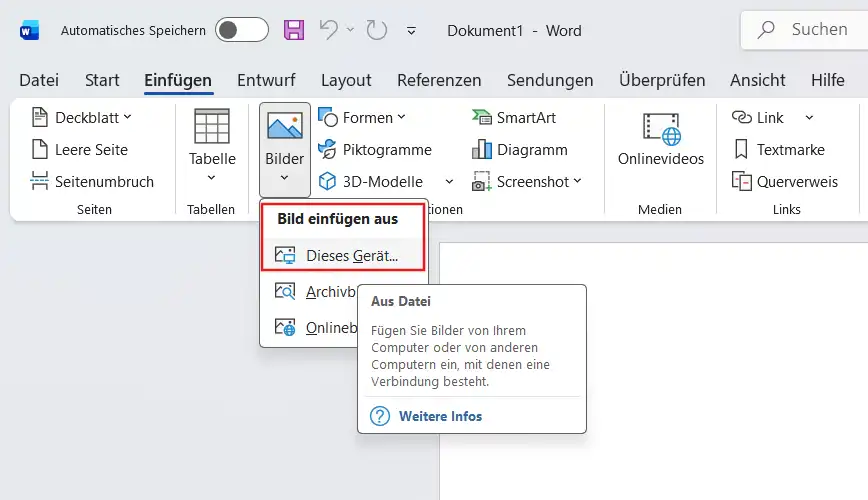 Word-Menü Einfügen mit geöffneter Bilder-Auswahl und markierter Option Dieses Gerät