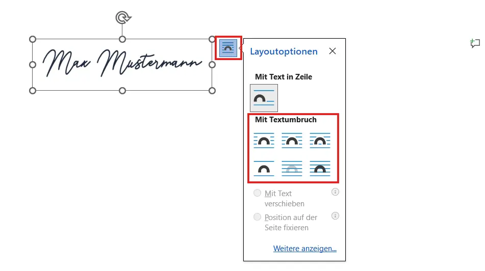 Word-Dokument mit markierter Unterschrift und geöffnetem Layoutoptionen-Menü für Textumbruch