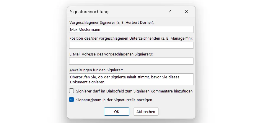 Dialogfeld Signatureinrichtung in Word mit Feldern für Signaturgeber, Position, E-Mail-Adresse und Anweisungen