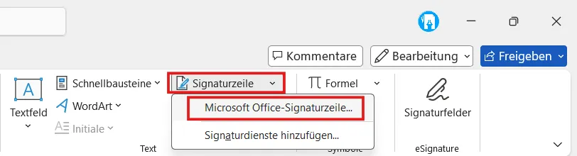 Word-Menü Einfügen mit geöffneter Option Signaturzeile und Microsoft Office-Signaturzeile
